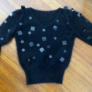 Vintage 80s Black Embellished Angora Sweater with Vinyl Sequins Size Small